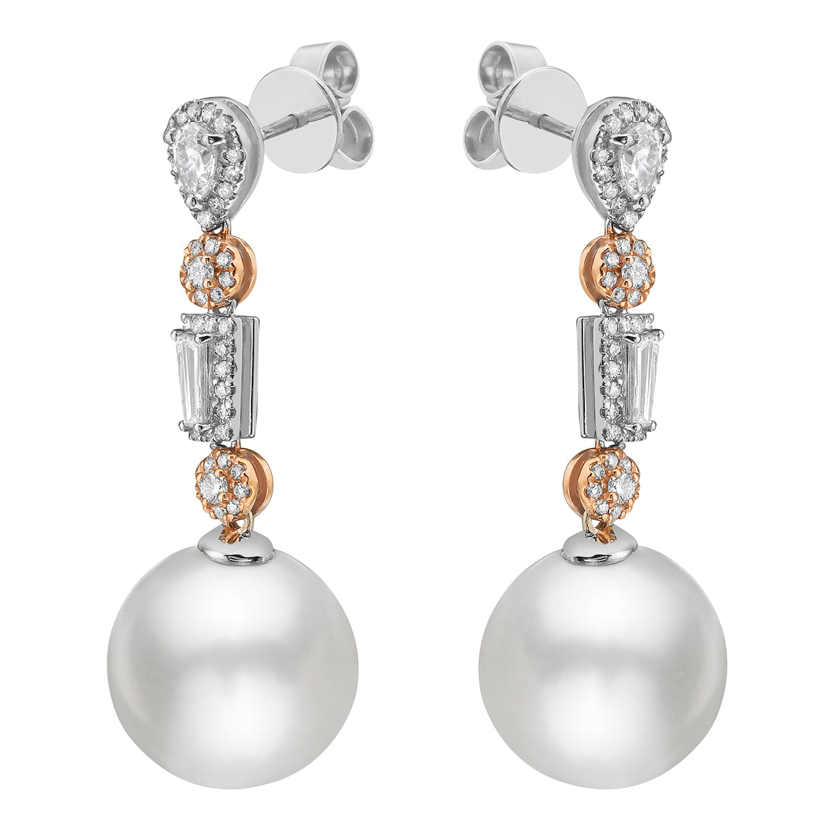 18K White Gold South Sea Pearl Earrings, 13-14mm, 0.9ct