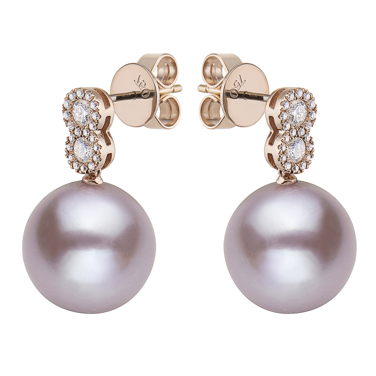 18K Rose Gold Freshwater Pearl Earrings, 12-13mm, 0.32ct