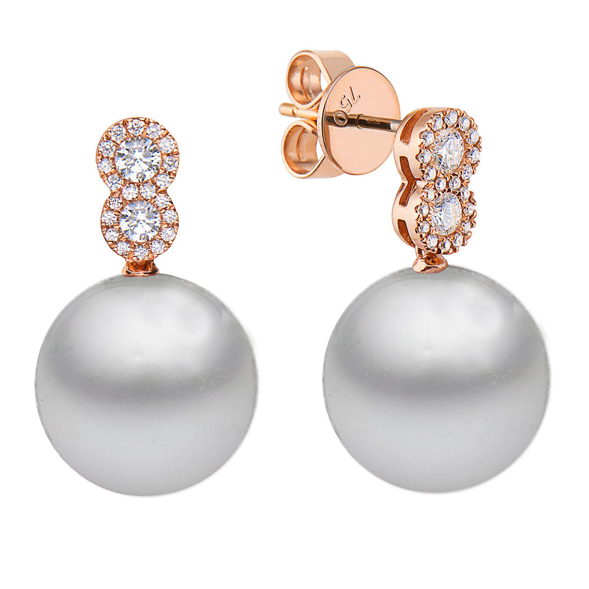18K Rose Gold South Sea Pearl Earrings, 12-13mm, 0.32ct