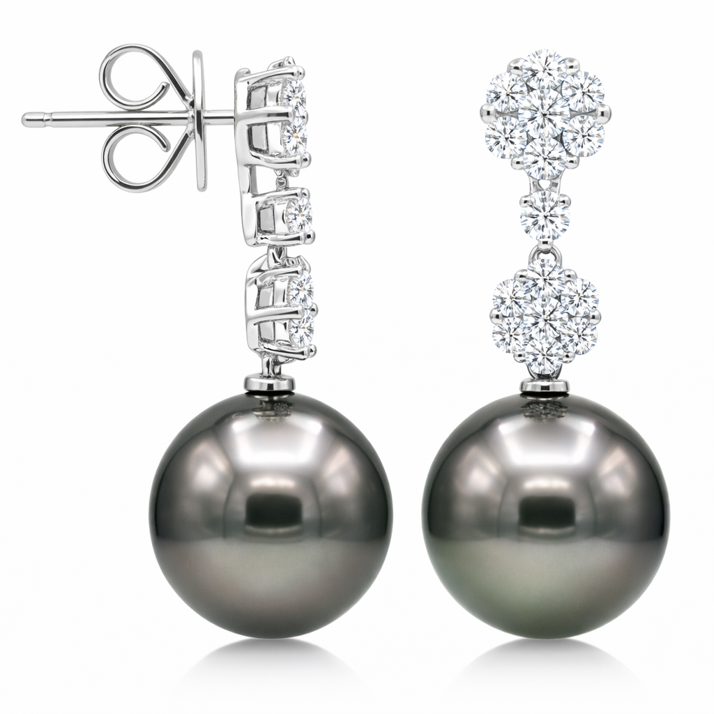 18K White Gold Tahitian Pearl Earrings, 11-12mm, 0.79ct