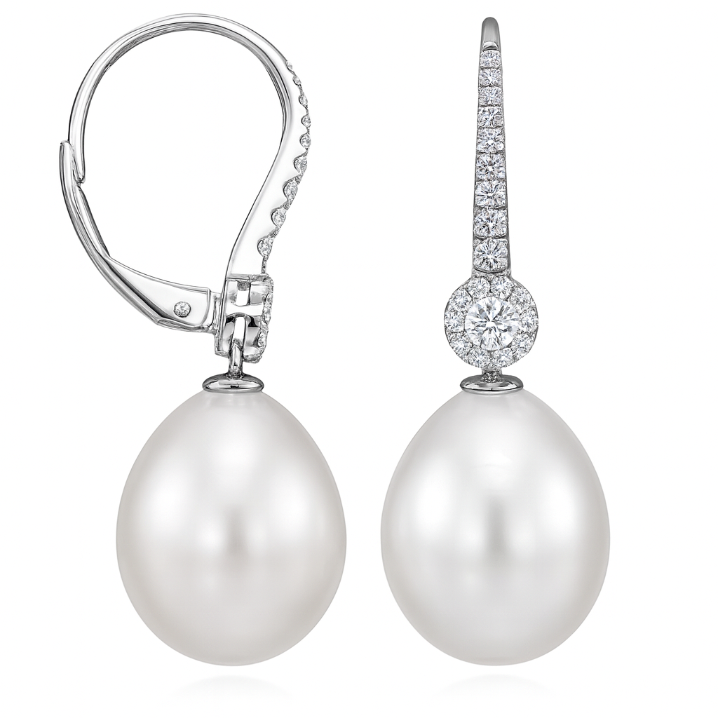 18K White Gold South Sea Pearl Earrings, 11-12mm, 0.37ct