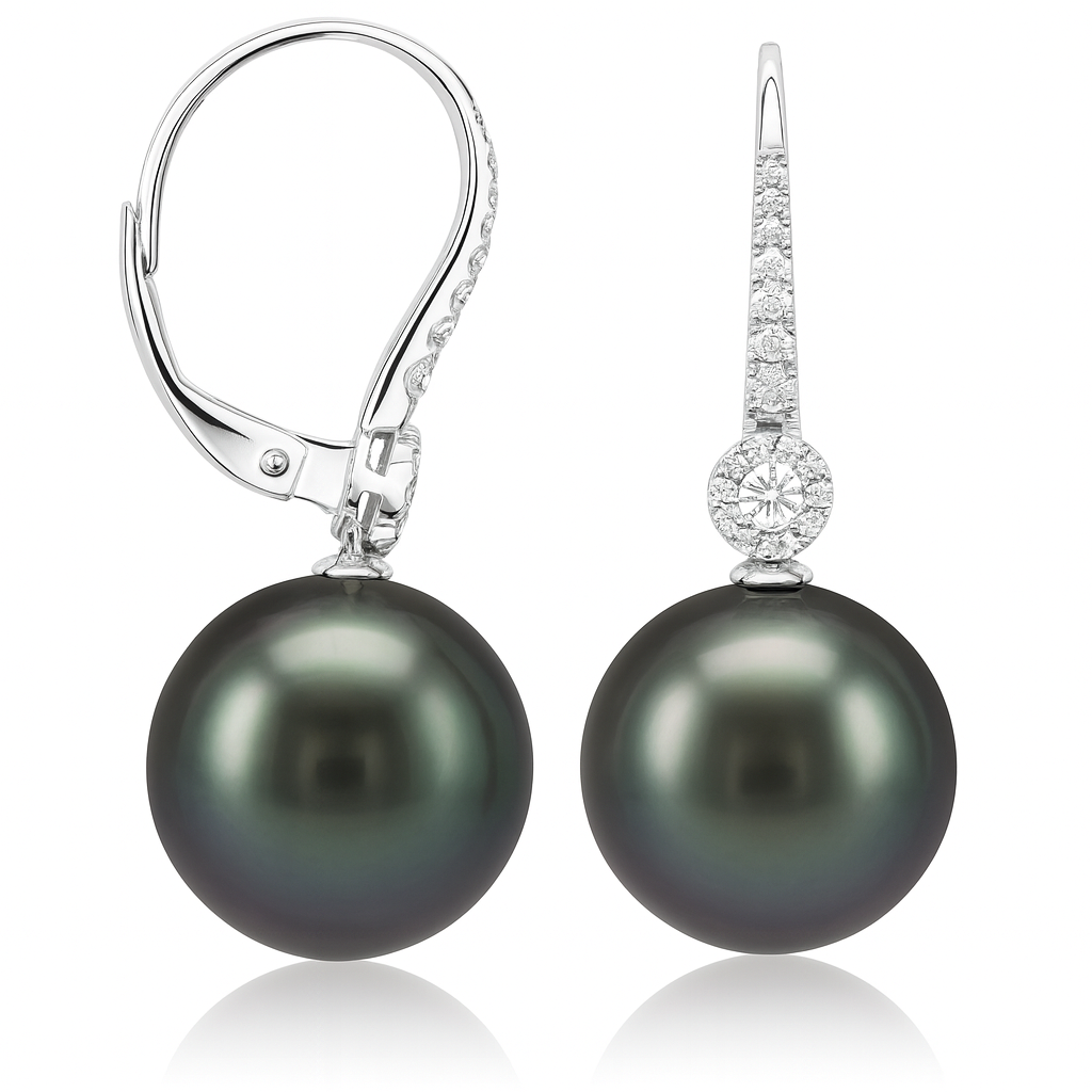 18K White Gold Tahitian Pearl Earrings, 11-12mm, 0.37ct
