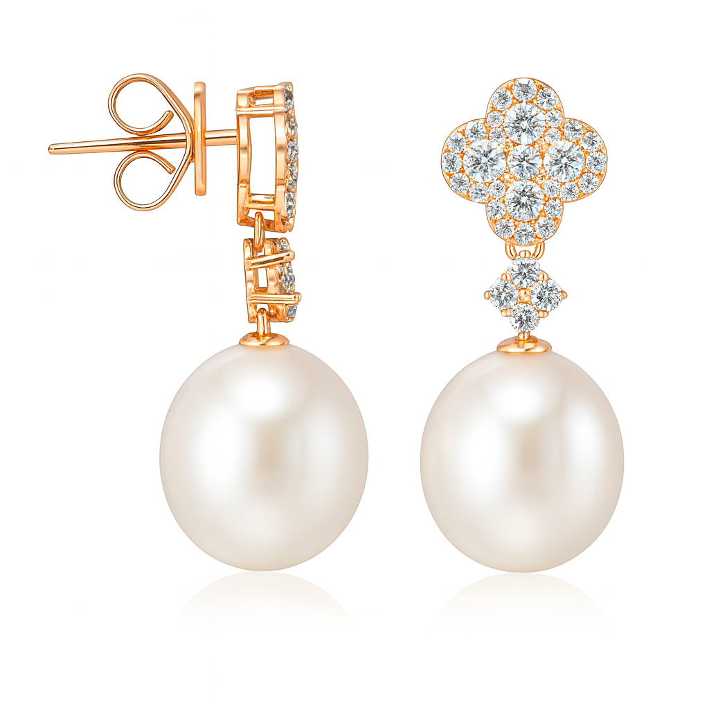 18K Rose Gold Freshwater Pearl Earrings, 11-12mm, 0.77ct