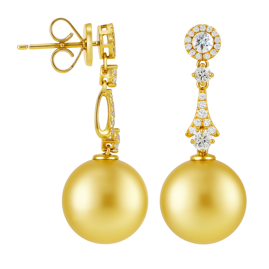 18K Yellow Gold Golden Pearl Earrings, 11-12mm, 0.44ct