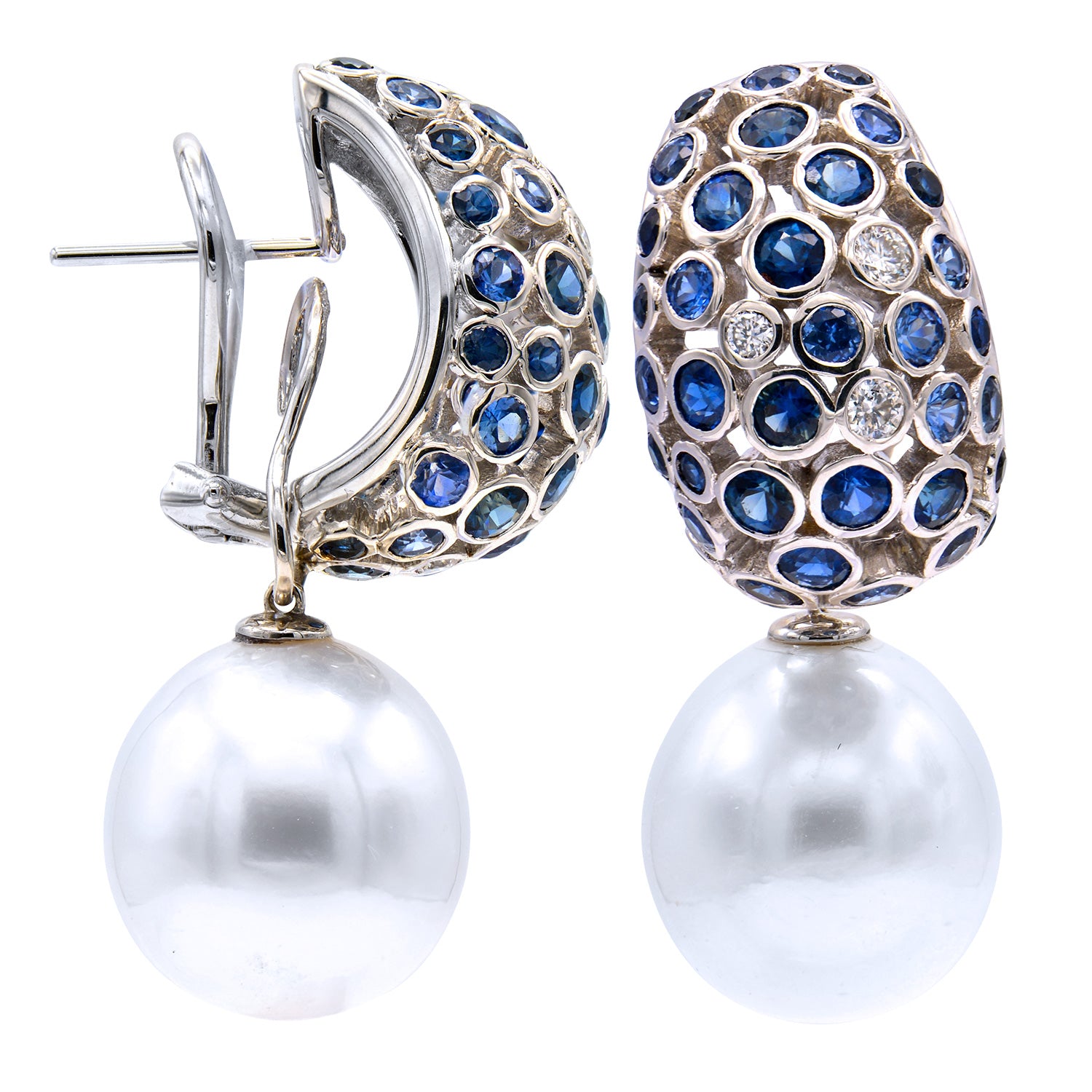E012601 - 18KW/11.5G S.Sea Earrings 80SAPP-6.60CT 8RD-0.36CT 14-15mm