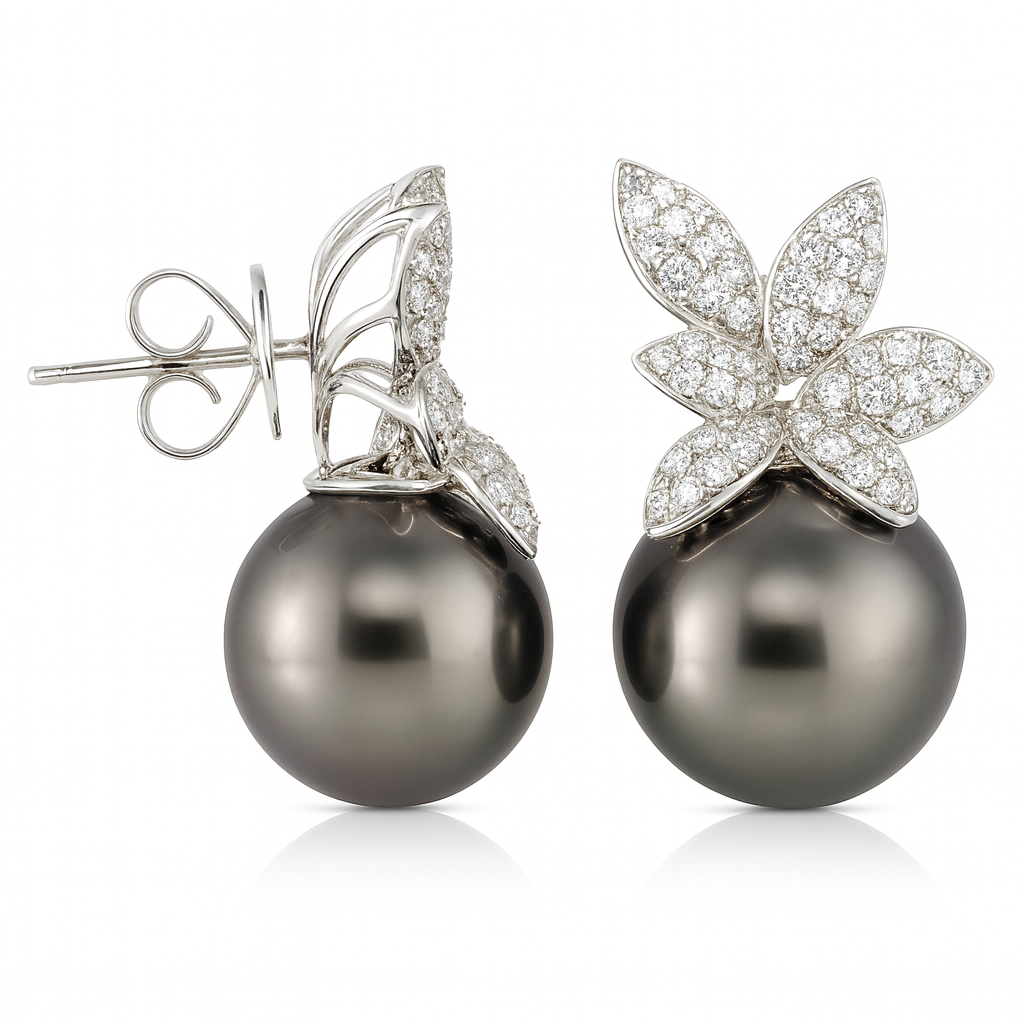 18K White Gold Tahitian Pearl Earrings, 12-13mm, 0.83ct