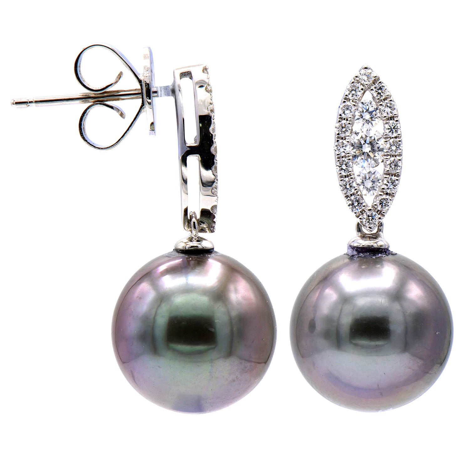 E012604-T - Earrings 18KW/1.2G 2RD-0.14CT 36RD-0.27CT Tahitian  11-12mm