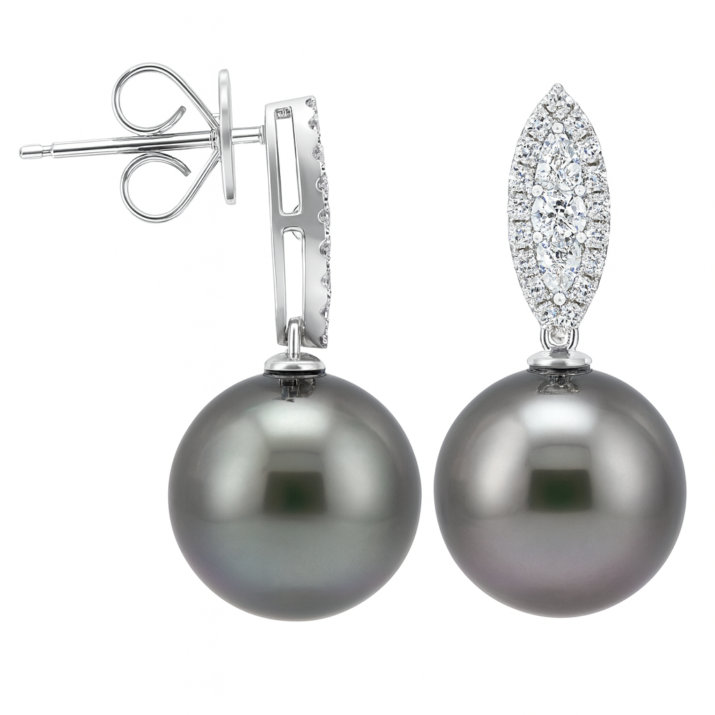 18K White Gold Tahitian Pearl Earrings, 11-12mm, 0.41ct