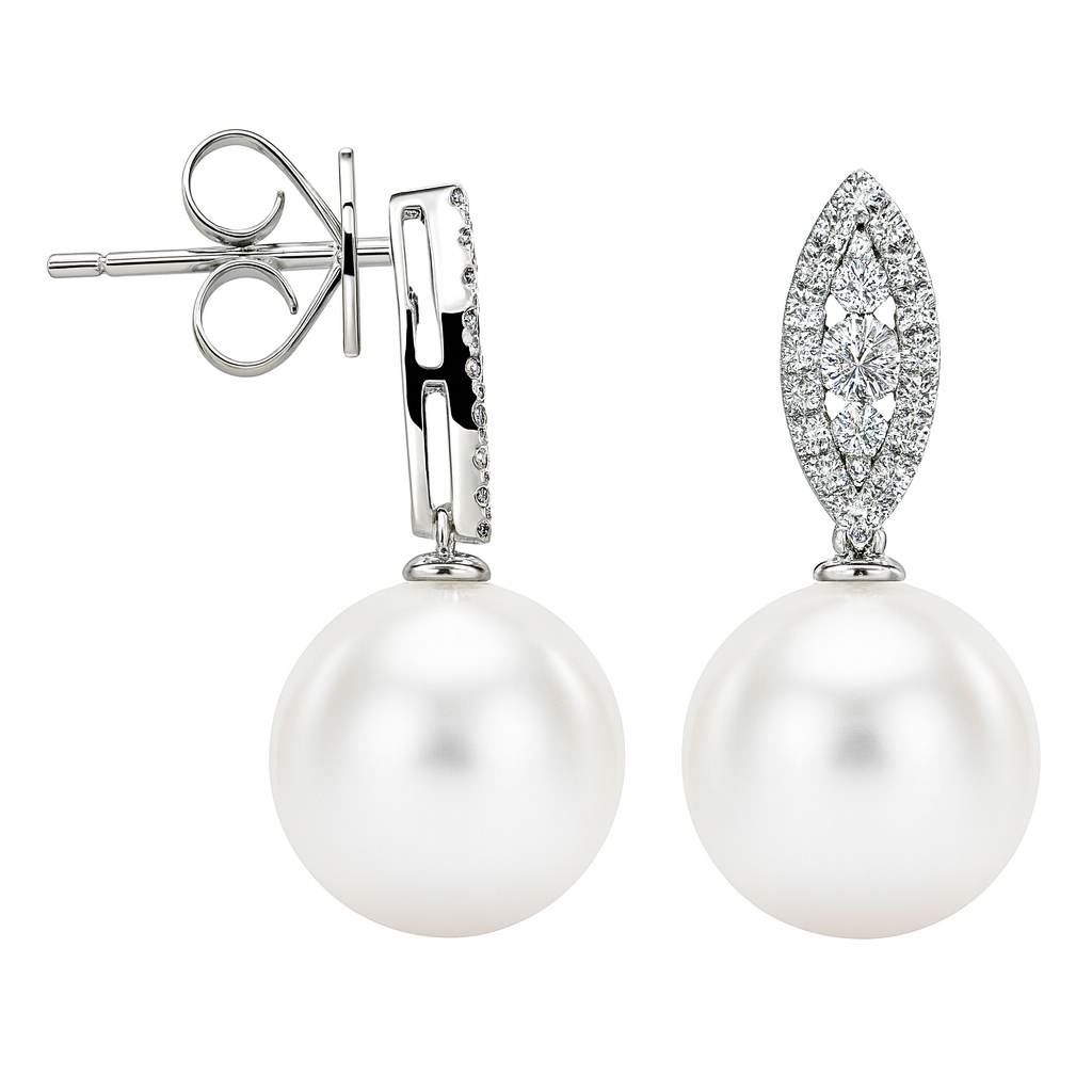18K White Gold Freshwater Pearl Earrings, 11-12mm, 0.45ct