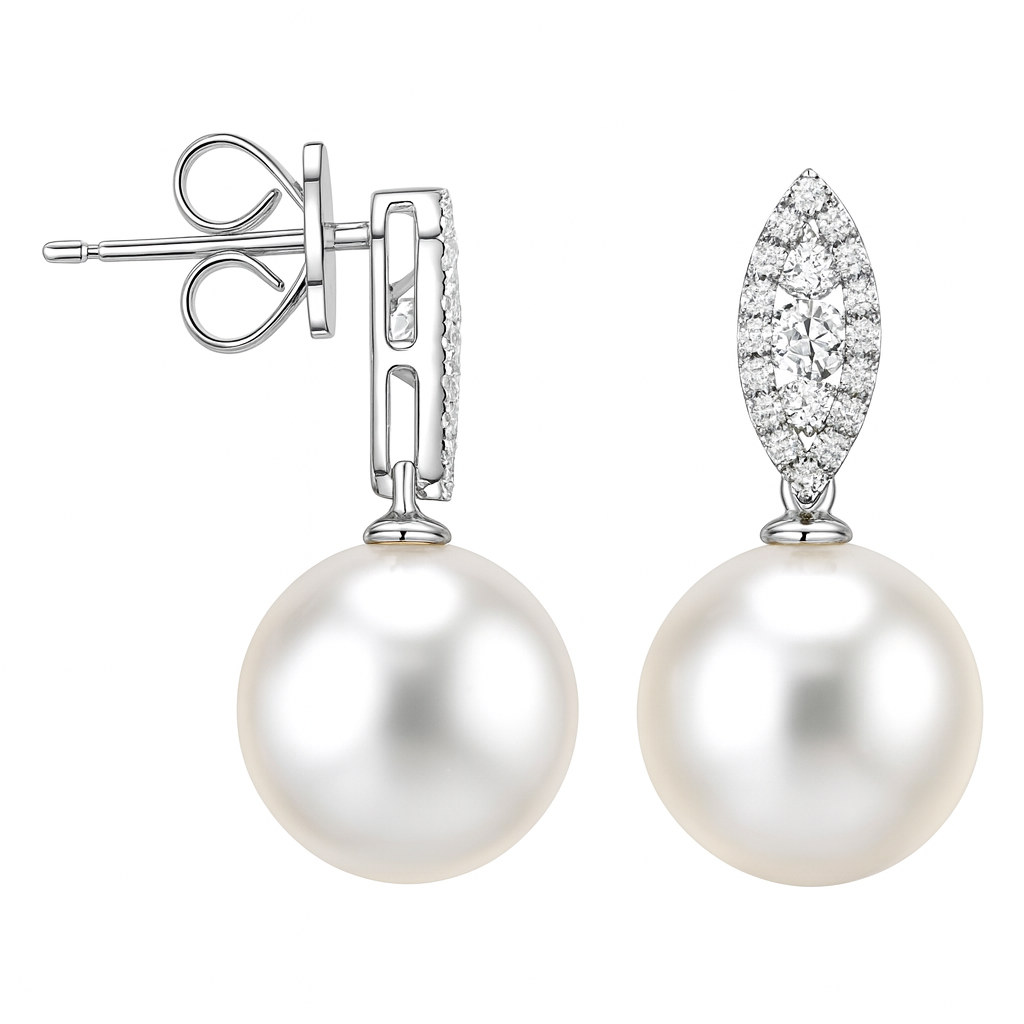18K White Gold South Sea Pearl Earrings, 11-12mm, 0.41ct