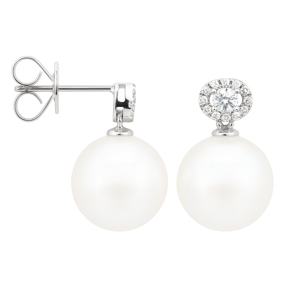 18K White Gold South Sea Pearl Earrings, 11-12mm, 0.23ct