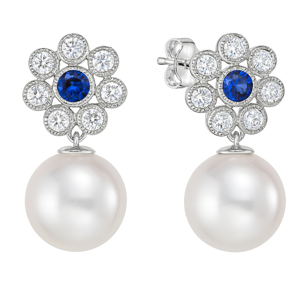 14K White Gold Freshwater Pearl Earrings, 10-11mm, 0.4ct