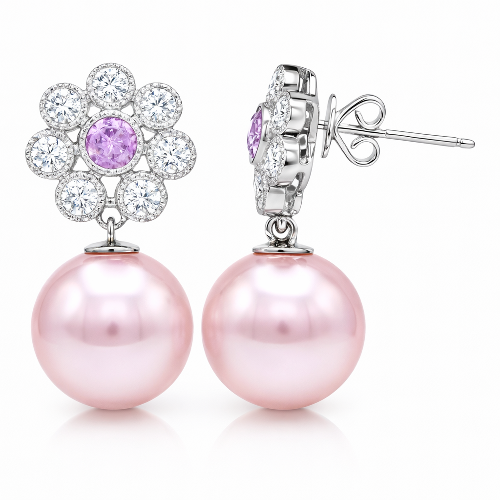14K White Gold Freshwater Pearl Earrings, 10-11mm, 0.4ct