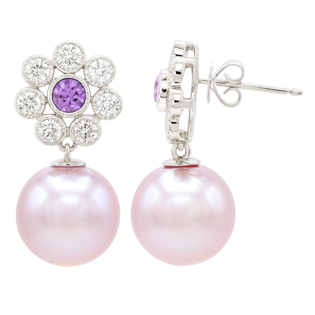 14K White Gold Freshwater Pearl Earrings, 10-11mm, 0.4ct