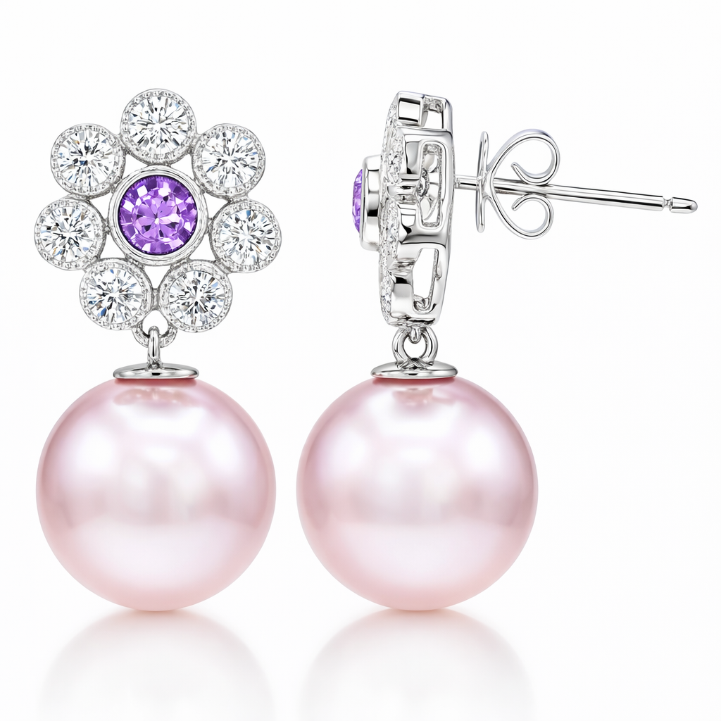14K White Gold Freshwater Pearl Earrings, 10-11mm, 0.4ct