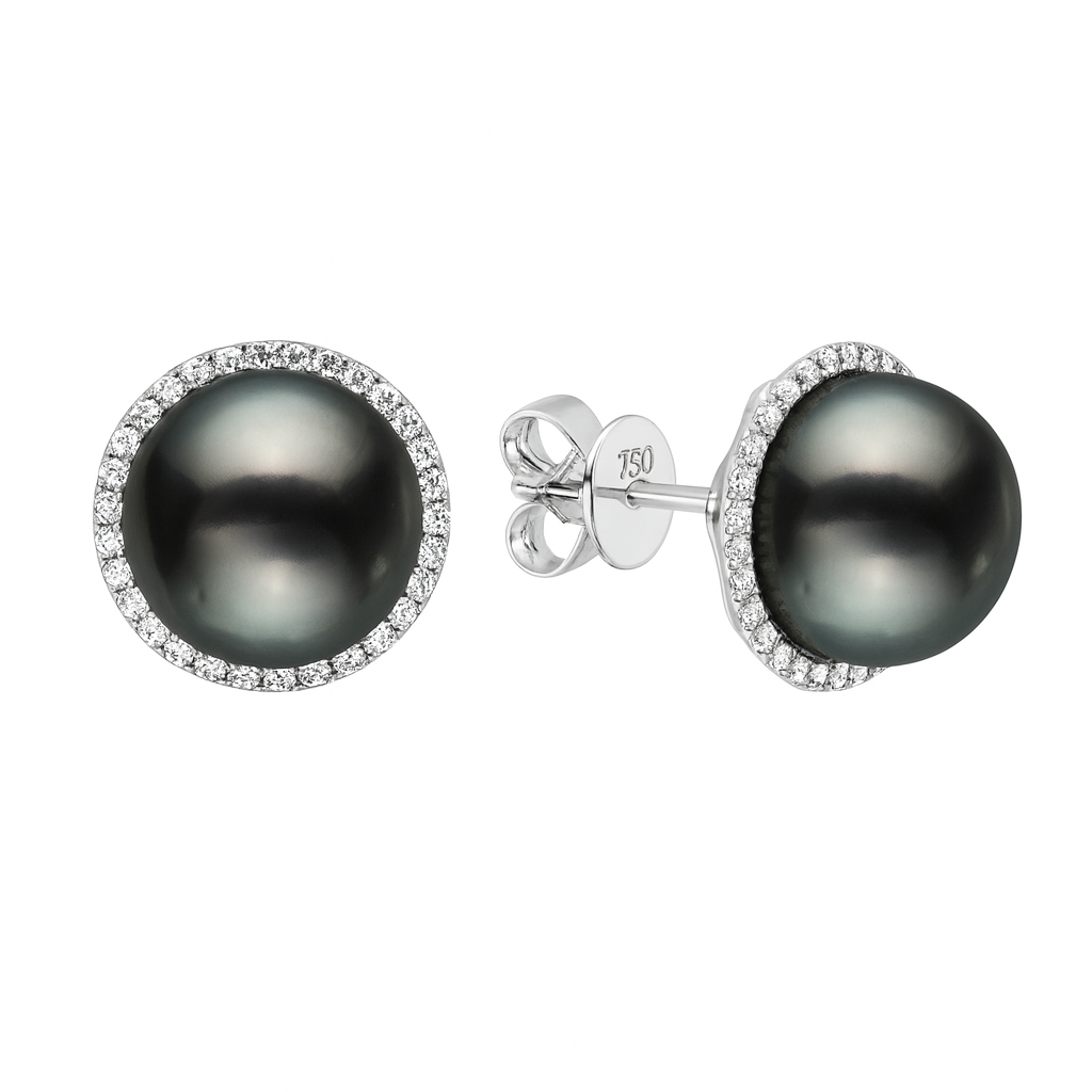 18K White Gold Tahitian Pearl Earring, 11-12mm, 0.43ct