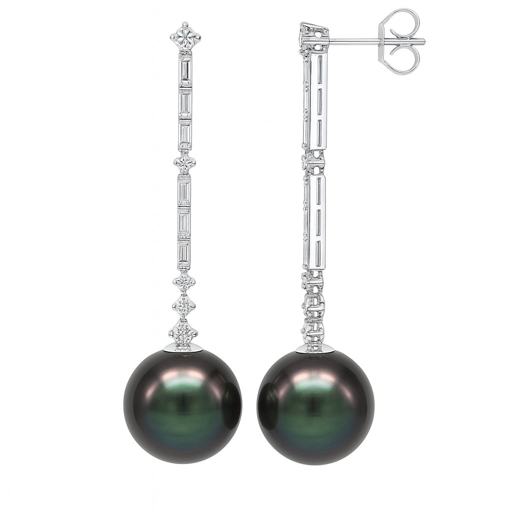 18K White Gold Tahitian Pearl Earrings, 12-13mm, 1.37ct