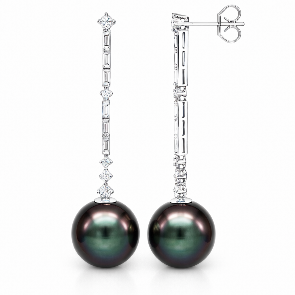 18K White Gold Tahitian Pearl Earrings, 12-13mm, 1.37ct