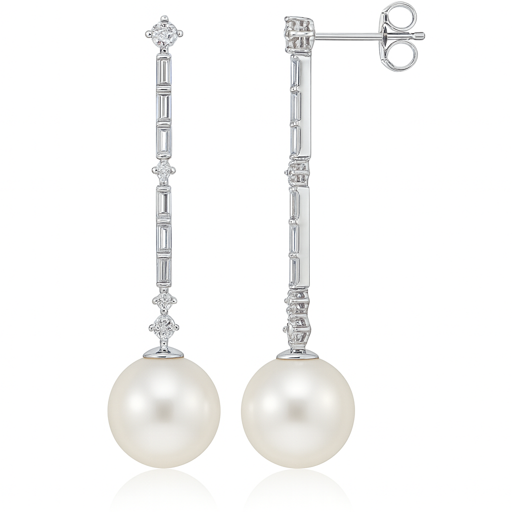 18K White Gold South Sea Pearl Earrings, 11-12mm, 1.37ct
