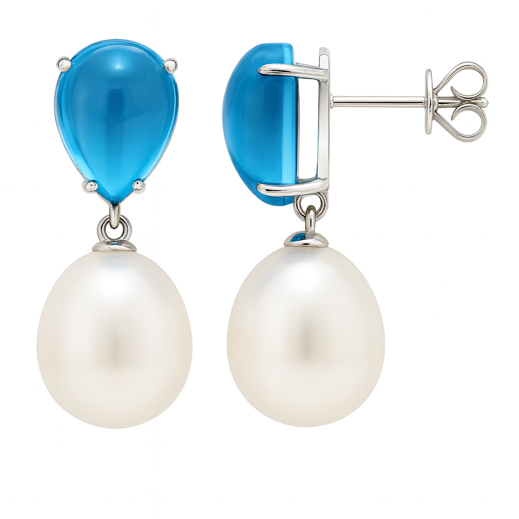 14K White Gold Swiss Blue Topaz Earrings, 9-10mm, 9.78ct