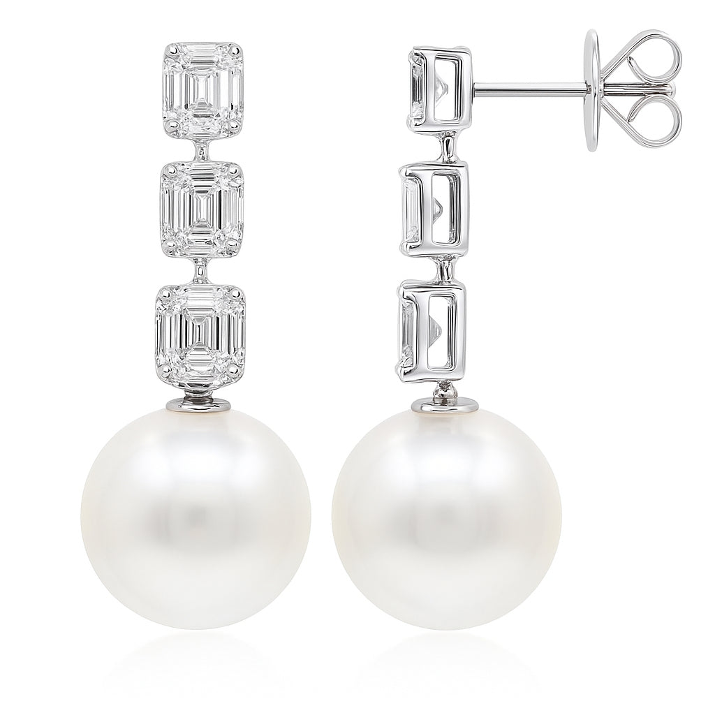 18K White Gold South Sea Pearl Earrings, 12-13mm, 1.2ct