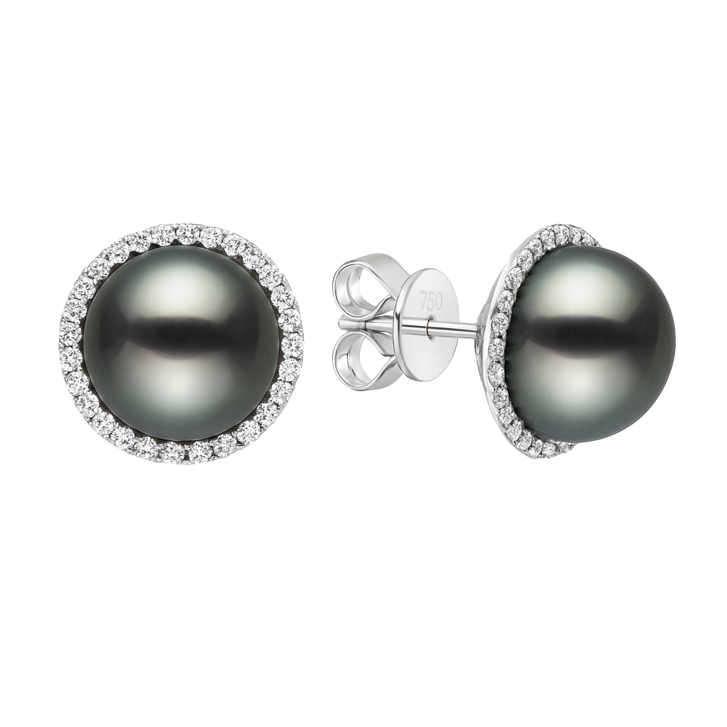 14K White Gold Tahitian Pearl Earrings, 9-9.50mm, 0.54ct