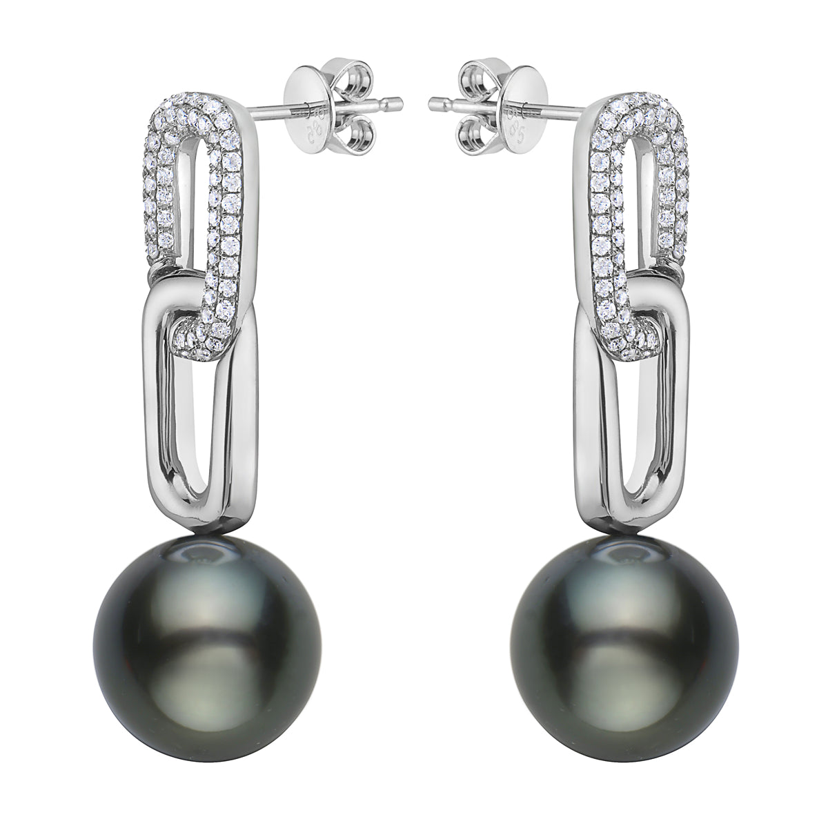 14K White Gold Tahitian Pearl Earrings, 11-12mm, 0.46ct