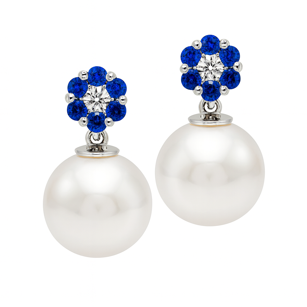 14K White Gold Blue Sapphire Earrings, 9-10mm, 0.38ct