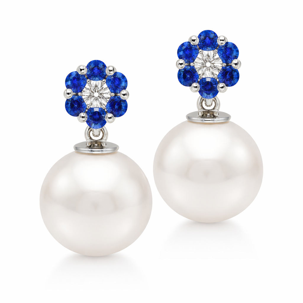 14K White Gold Blue Sapphire Earrings, 9-10mm, 0.38ct