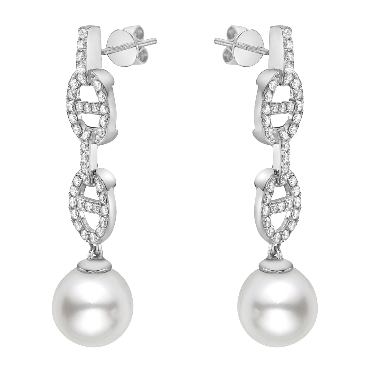 14K White Gold South Sea Pearl Earrings, 9-10mm, 0.57ct