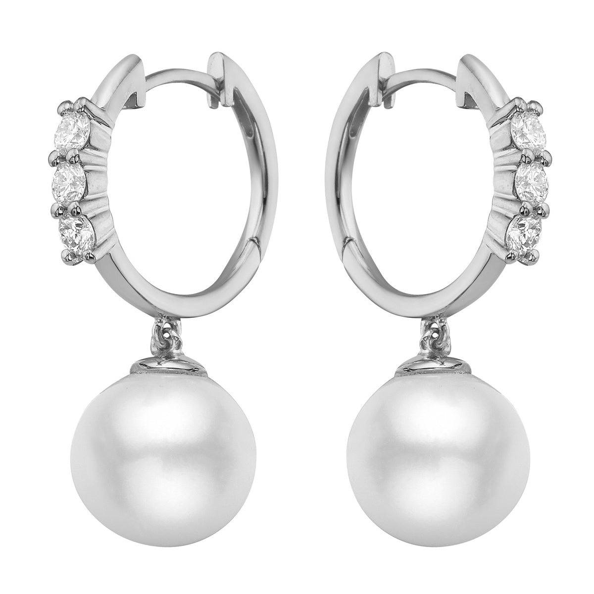 14K White Gold Freshwater Pearl Earrings, 9-10mm, 0.36ct