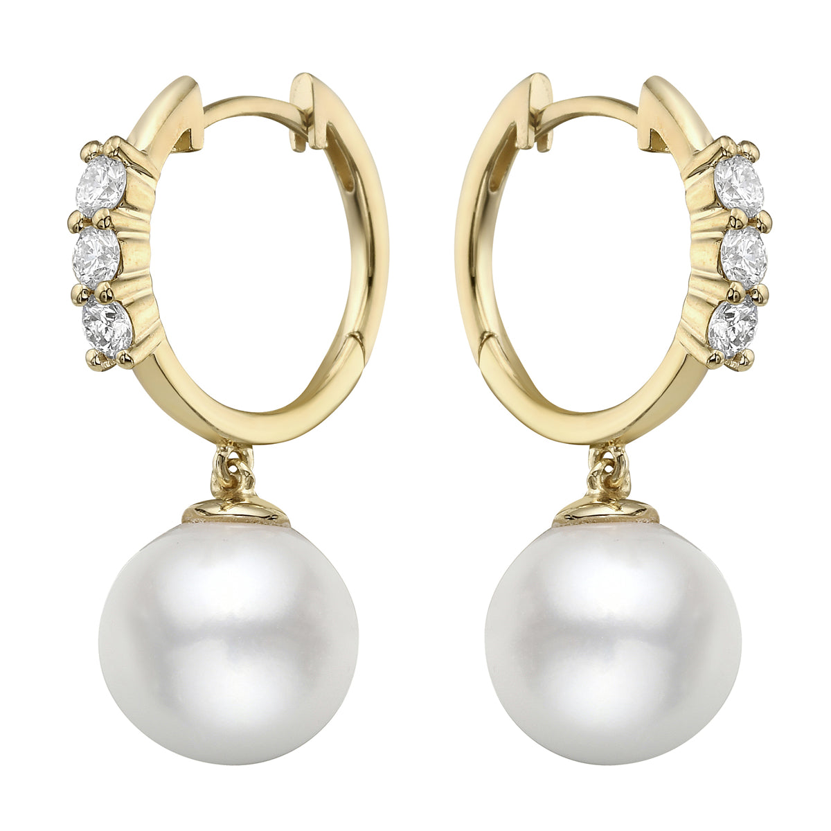 14K Yellow Gold White Freshwater Pearl Earrings, 9-10mm, 0.36ct