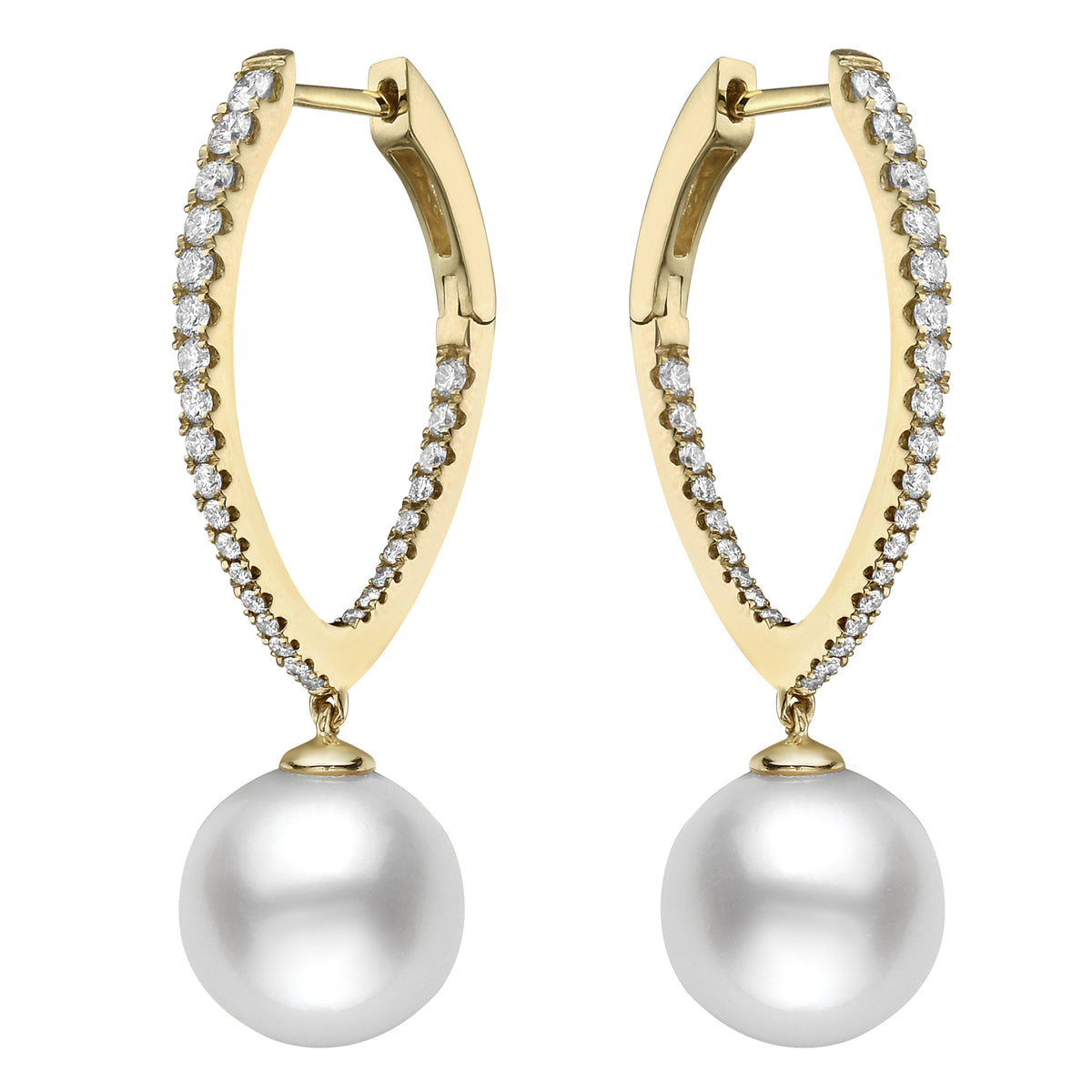 14K Yellow Gold White Freshwater Pearl Earrings, 11-12mm, 0.7ct