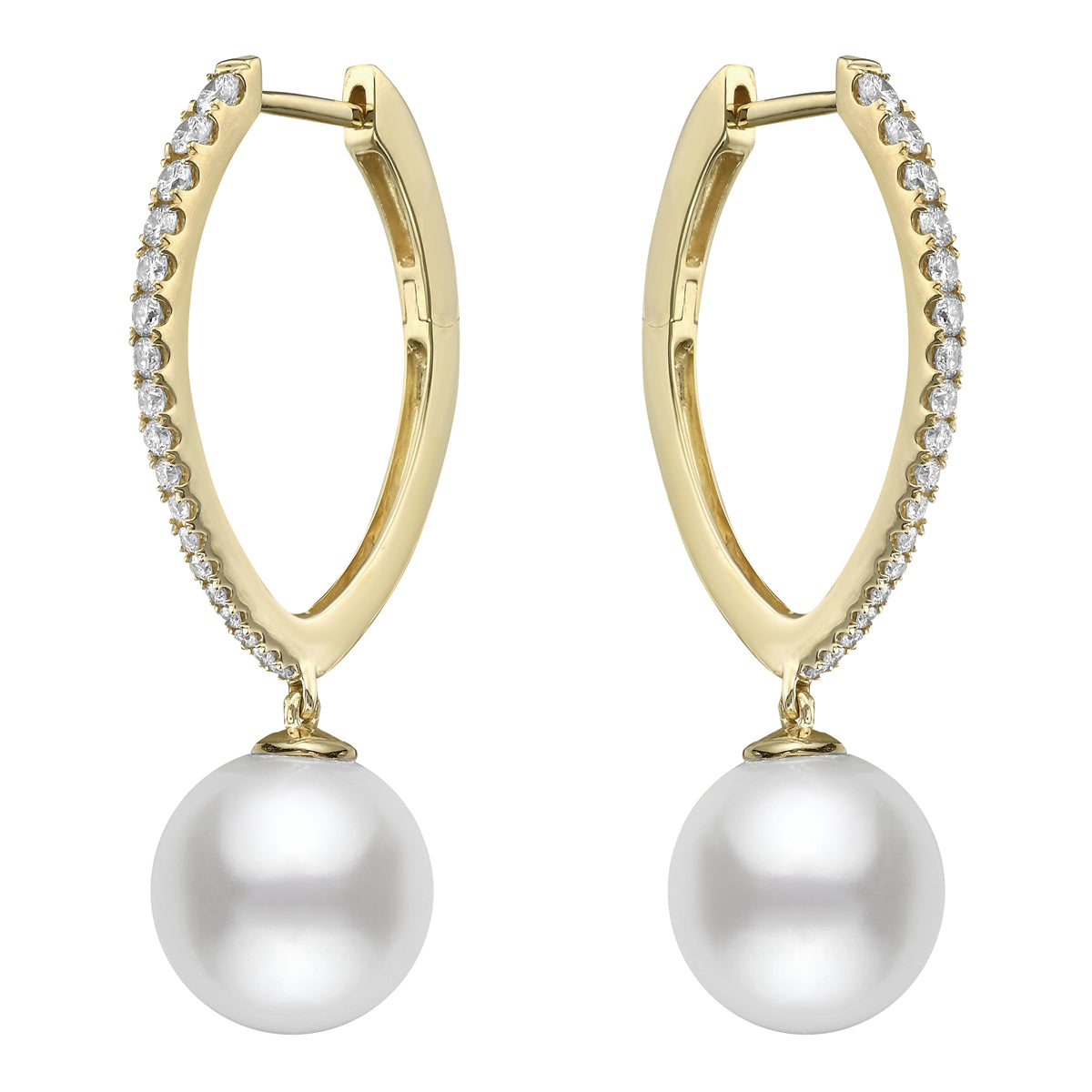 14K Yellow Gold White Freshwater Pearl Earrings, 11-12mm, 0.54ct