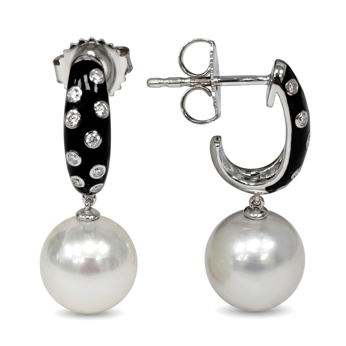 E012643 - Earrings 14KW/2.8G 18RD-0.11CT Blk/Enamel S.Sea 9-10mm
