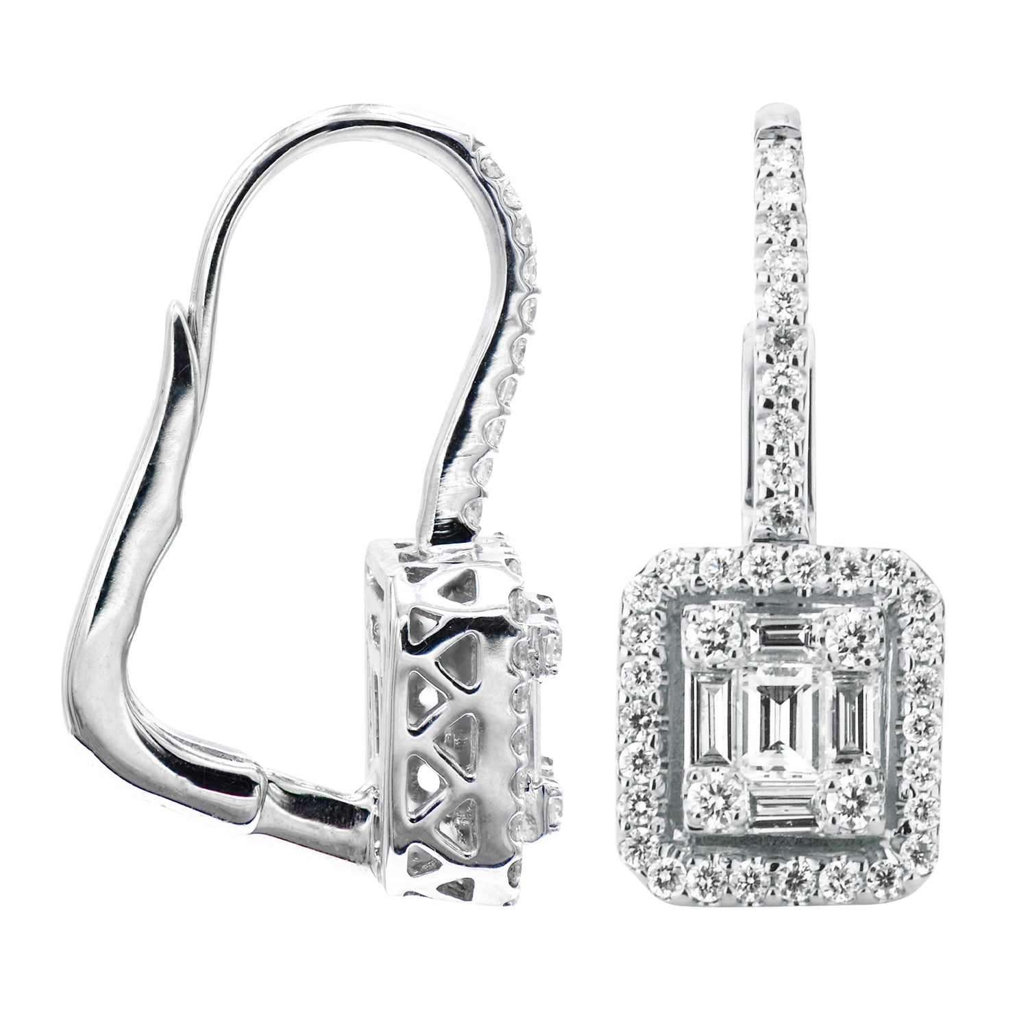 18KW Diamond Baguette Illusion Hanging Earrings