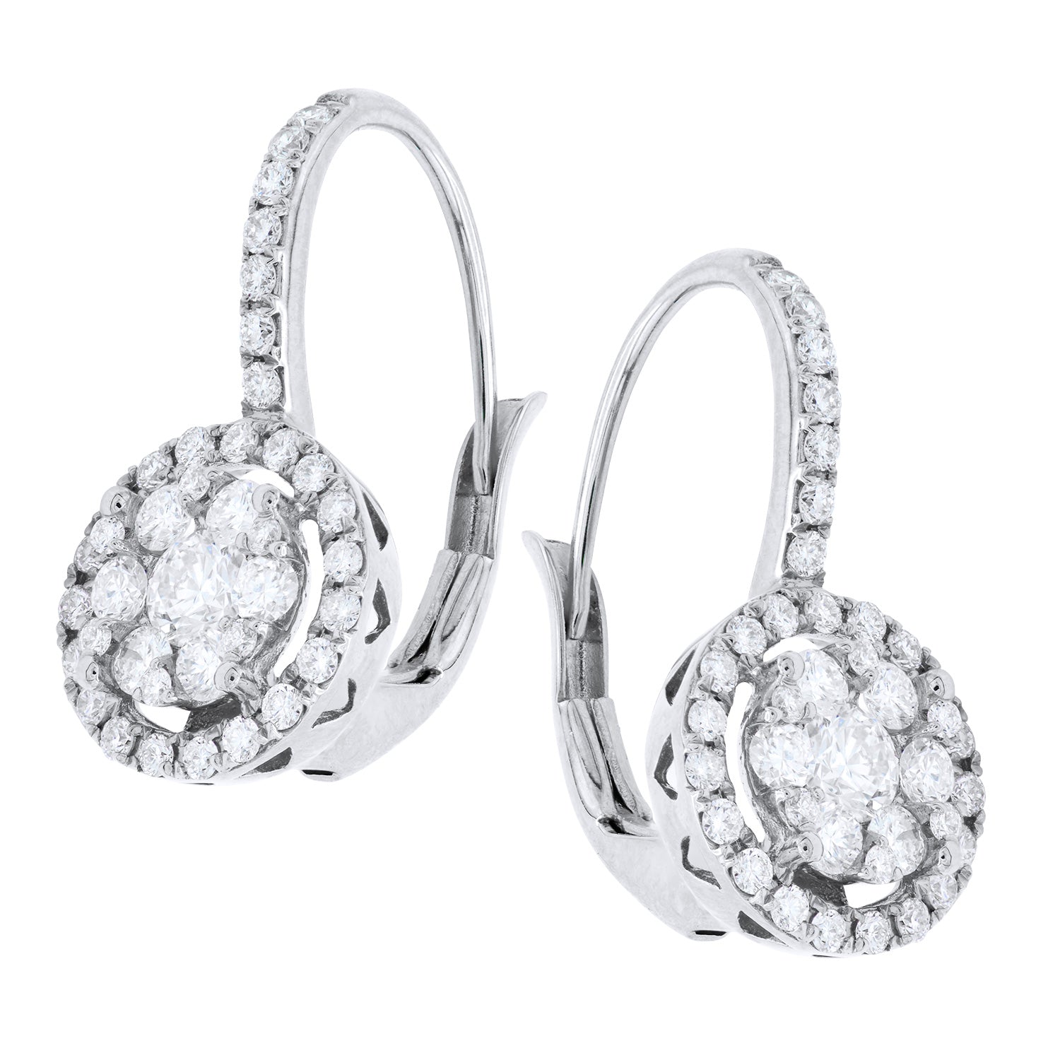 14K White Gold Diamond Cluster Dangling Earring, 0.86ct