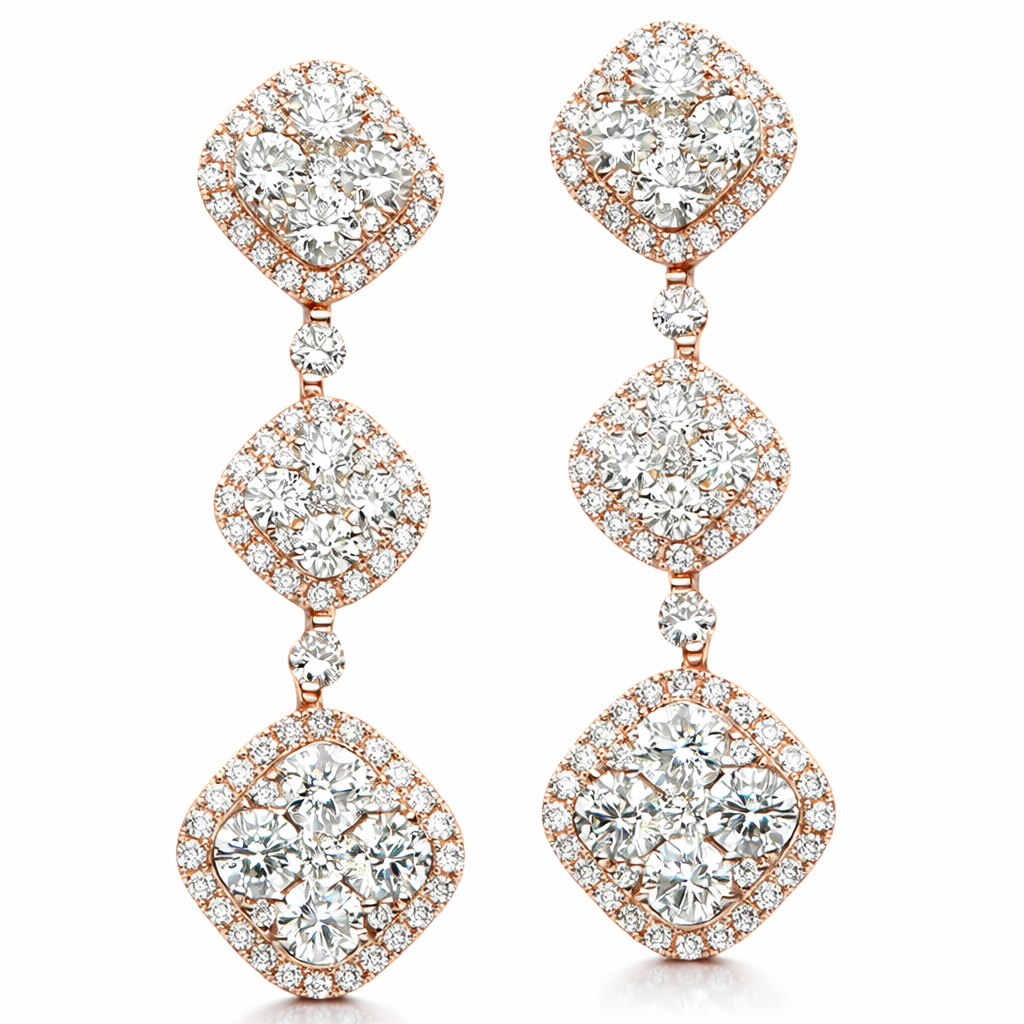 18K Rose Gold Diamond Hanging Earrings, 2.7ct