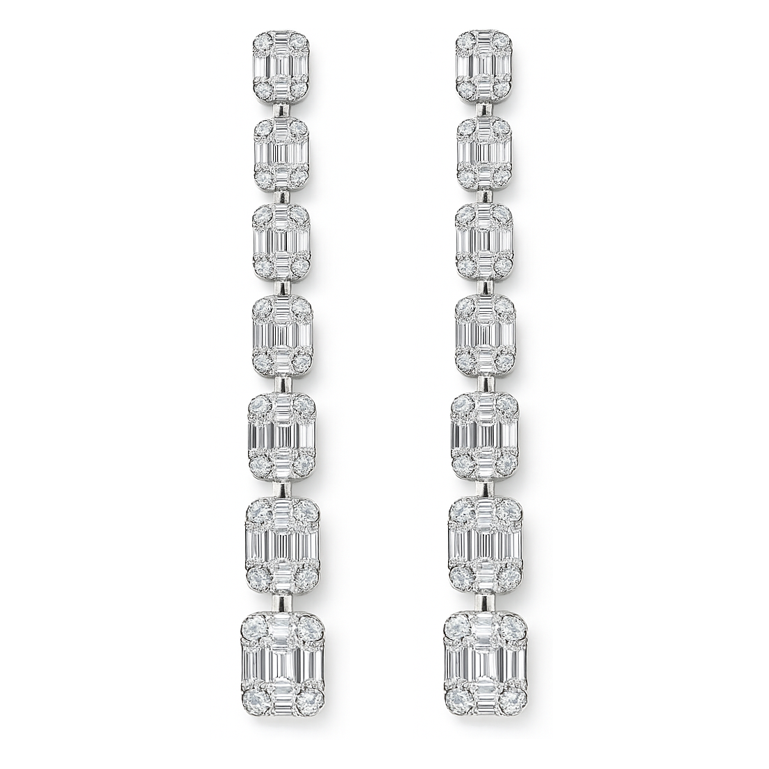18K White Gold Diamond Baguette Illusion Hanging Earrings, 2.6ct