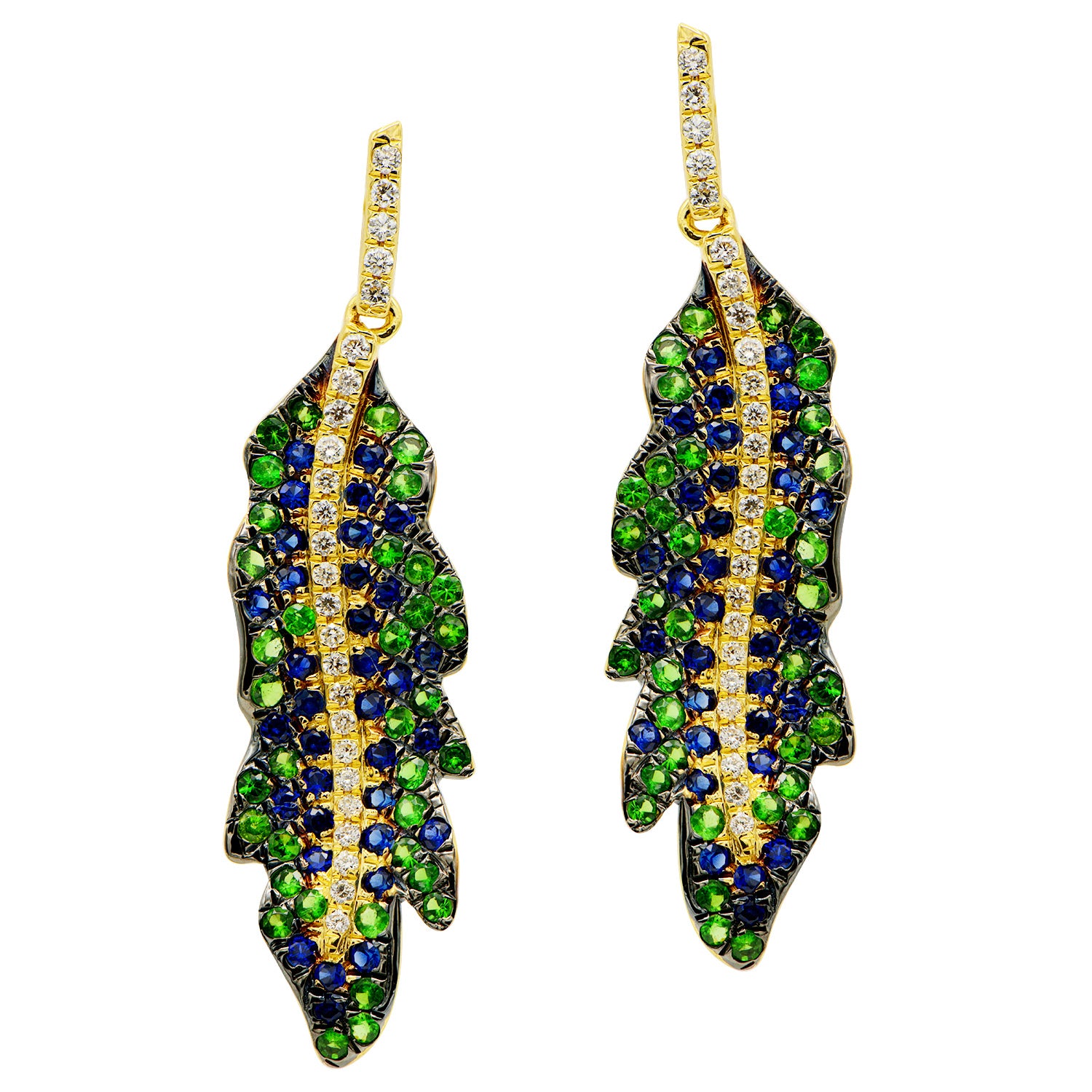 18K Yellow Gold Blue Sapphire Hanging Earrings, 1ct