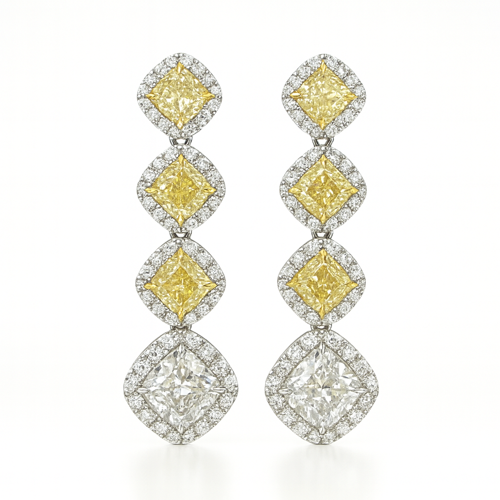 Handmade 18K White and Yellow Gold Yellow Diamond Earrings, 2.74ct