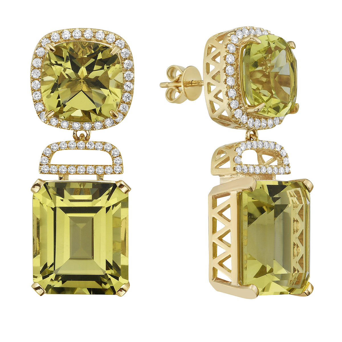 14K Yellow Gold Green Gold Quartz Earrings, 27.06ct