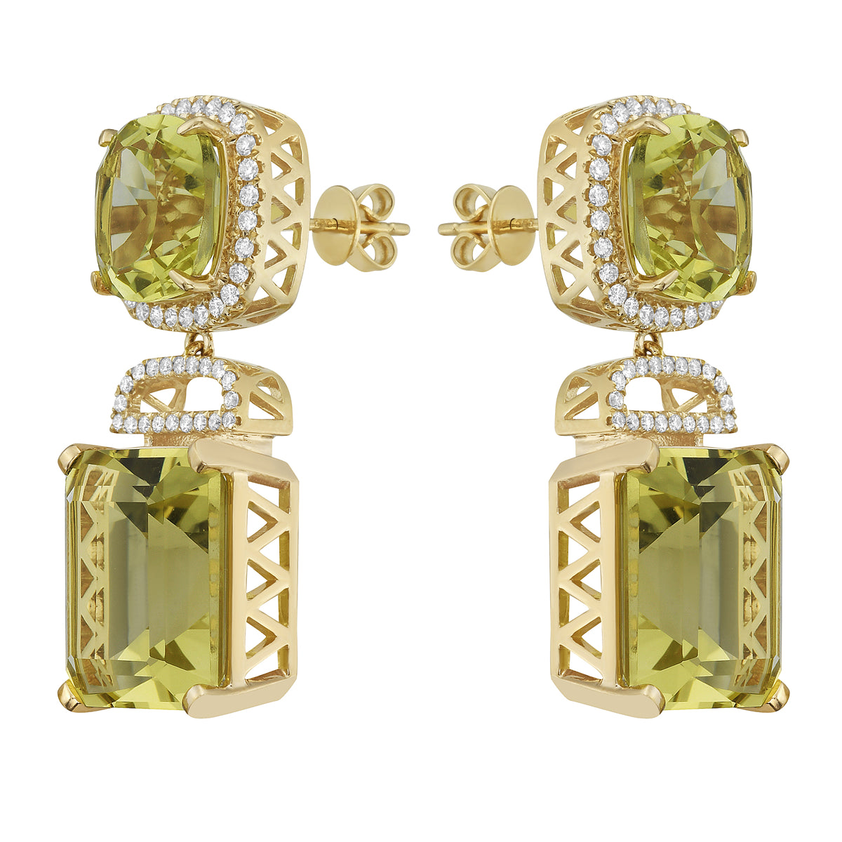 14K Yellow Gold Green Gold Quartz Earrings, 27.06ct