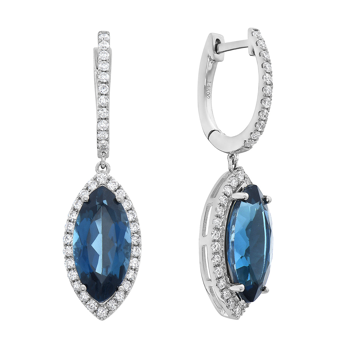 E090007-LBT - Earrings 14KW/4.1G 2LBT-7.66CT 74RD-0.72CT London Blue Topaz