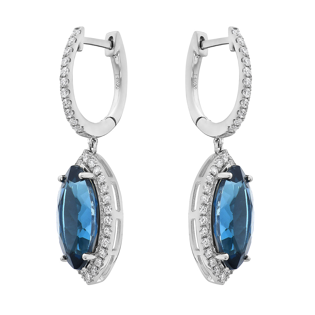 E090007-LBT - Earrings 14KW/4.1G 2LBT-7.66CT 74RD-0.72CT London Blue Topaz