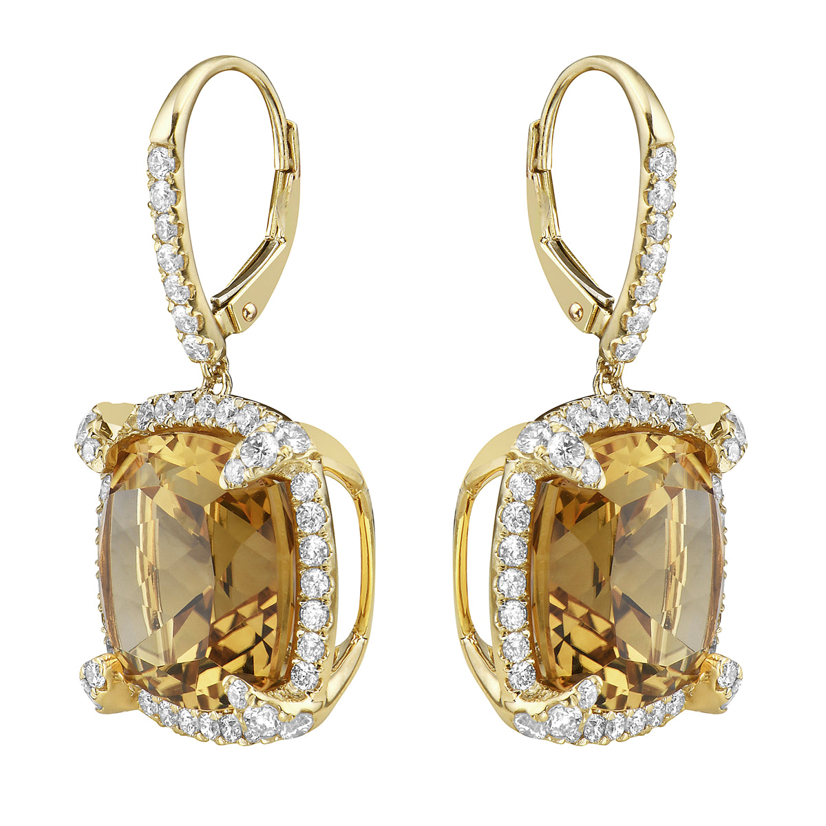 E090013Y-CIT - Earrings 14KY/7.3G 2CIT-20.76CT 94RD-1.68CT (14MM)  Citrine