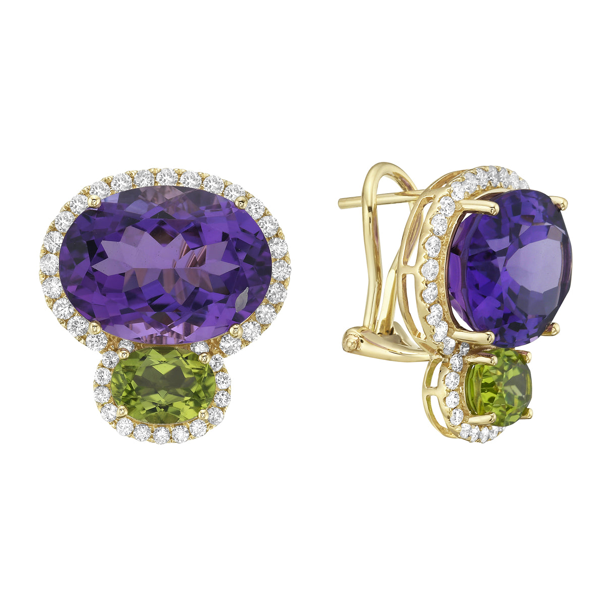 14K Yellow Gold Amethyst and Peridot Earrings, 20.16ct
