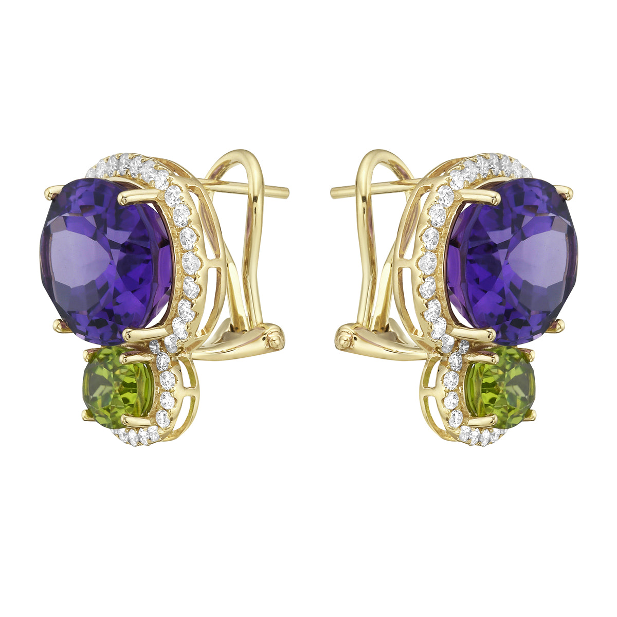 14K Yellow Gold Amethyst and Peridot Earrings, 20.16ct