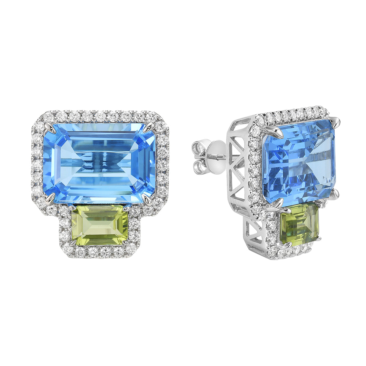 14K White Gold Swiss Blue Topaz Peridot Earrings, 6.5mm, 20.03ct