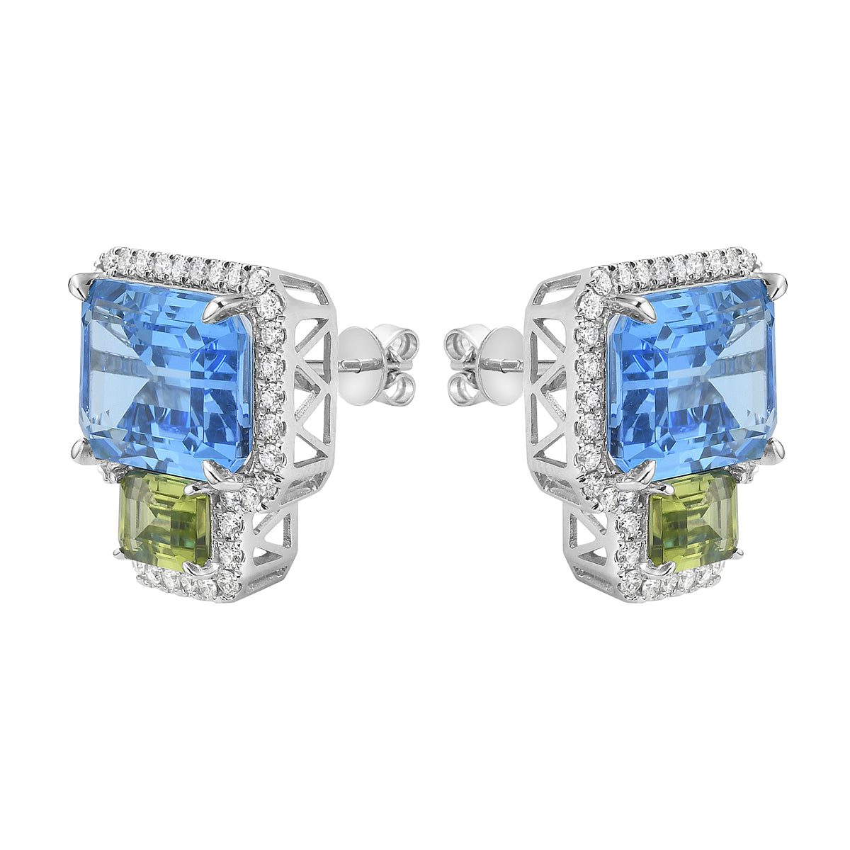 14K White Gold Swiss Blue Topaz Peridot Earrings, 6.5mm, 20.03ct